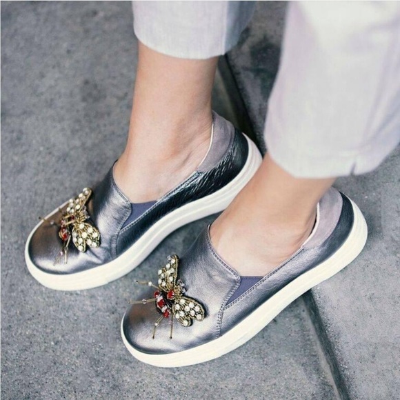 Valentina Rangoni Samurai Fashion Loafer Sneakers Metallic Silver Moth Beetle 9 - Picture 1 of 16